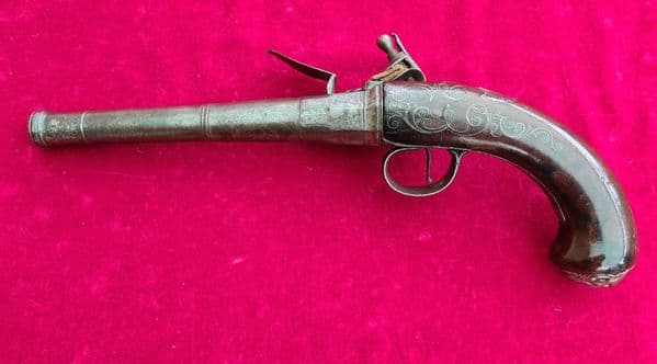 A rare Queen Anne Silver Mounted Flintlock pistol made by T. Richards of London. Circa 1740.Ref 3716